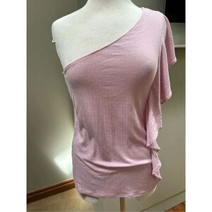 Nine West NWT L off shoulder pink side ruffle ribbed polyester rayon dressy tee